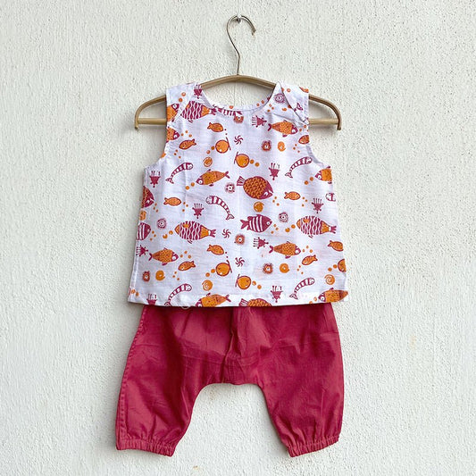 Organic Cotton Unisex Red Koi Jhabla and Pajama Pants Set