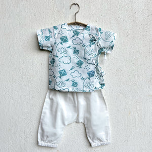 Organic Cotton Unisex Teal Koi Patang Angarakha and White Pyjama Pants Set