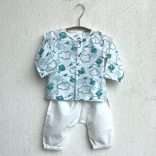 Organic Cotton Unisex Teal Patang Kurta and White Pyjama Pants Set