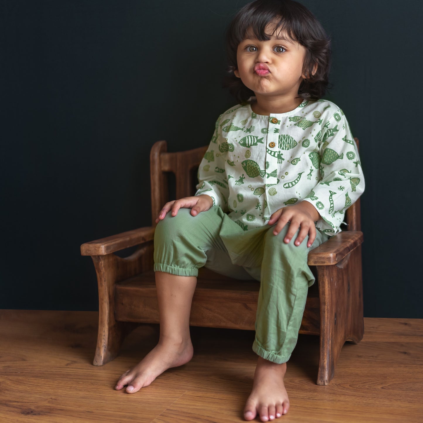 Organic Cotton Koi Mint Kurta and Pyjama Pants - Handcrafted & Unisex