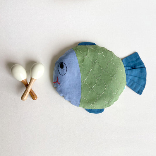 Hand-embroidered Organic Cotton Mustard Seeds Pillow + Maracas - Koi