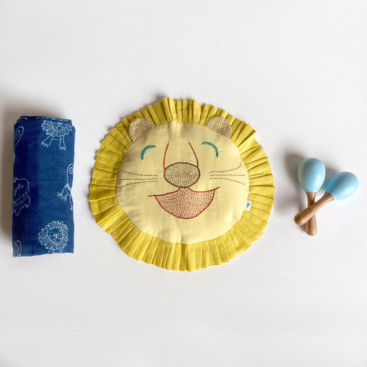 Newborn Gift Set | Organic Cotton Mustard Seeds Pillow and Swaddle + Maracas - Zoo