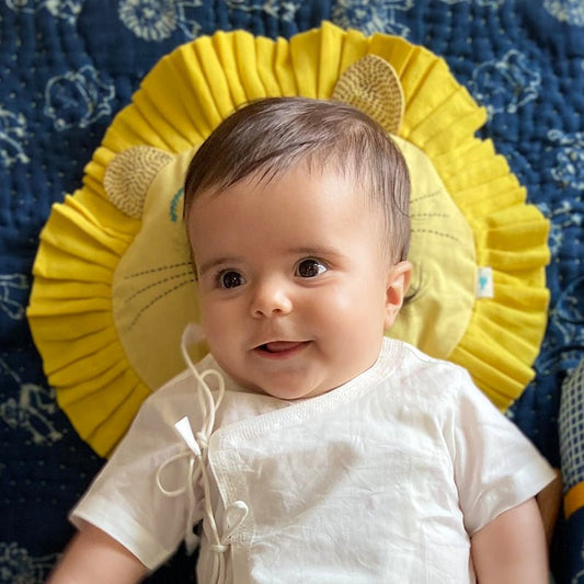 Hand-embroidered Organic Cotton Mustard Seeds Pillow - Lion