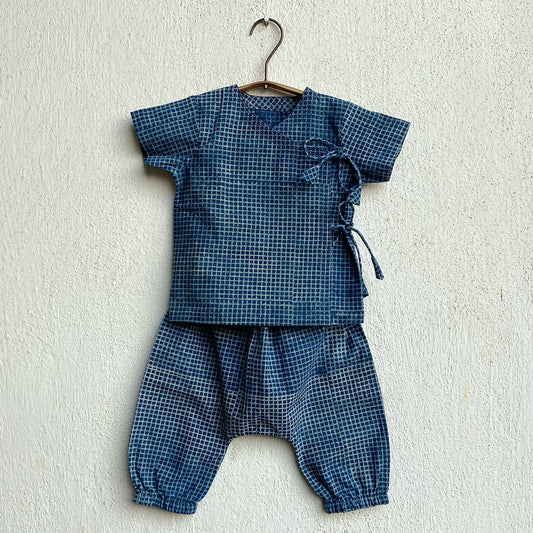 Organic Cotton Unisex Co-ord Set - Indigo Checks Angrakha and Pajama Pants