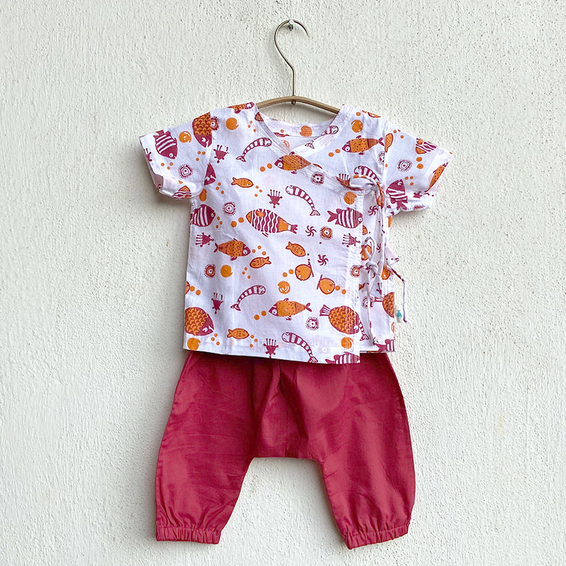 Organic Cotton Unisex Koi Red Angarakha and Pyjama Pants Set