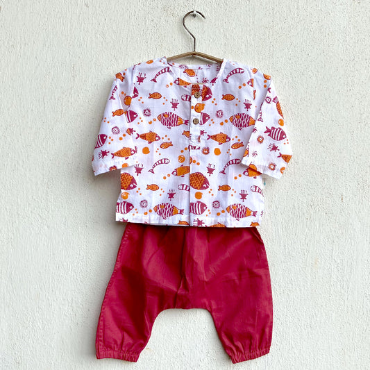 Organic Cotton Unisex Red Koi Kurta and Pyjama Pants Set