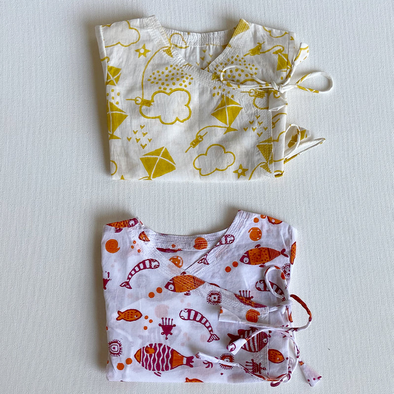 Organic Newborn Unisex Koi Angrakha Bag - Yellow Patang + Koi Red