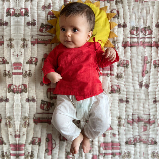 Organic Cotton Red Angrakha and White Pajama Set for Babies