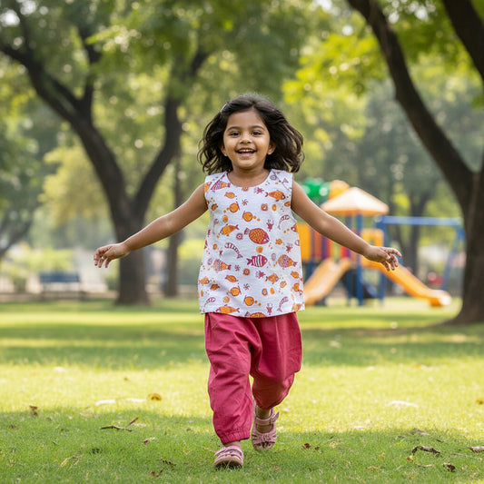 Child running on grass with playground in the background