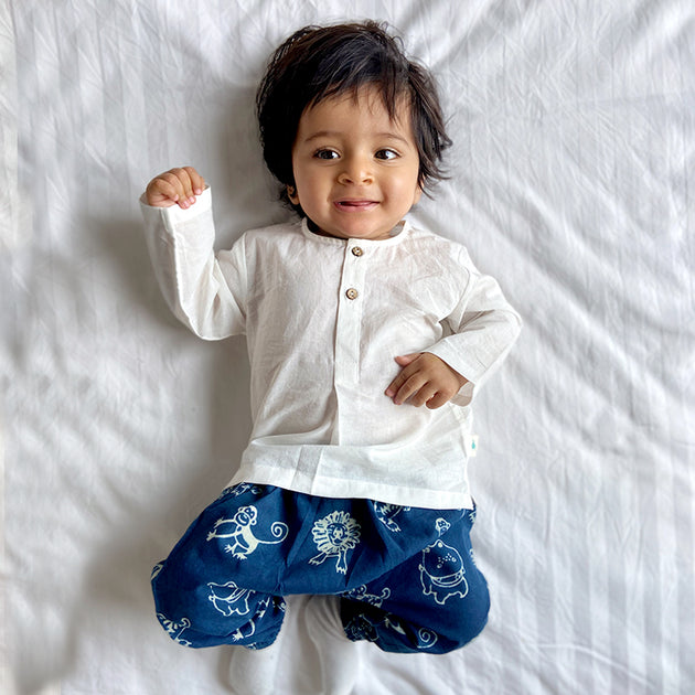 Zoo Bag - Organic White Kurta and Pyjama Pants Set (0-24 months ), Whitewater  Kids