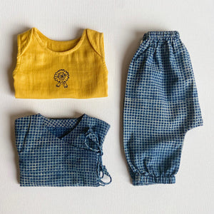 Organic Cotton Zoo Bag - Yellow Zoo Jhabla + Indigo Checks Angarakha and Indigo Checks Pajama Pants Set