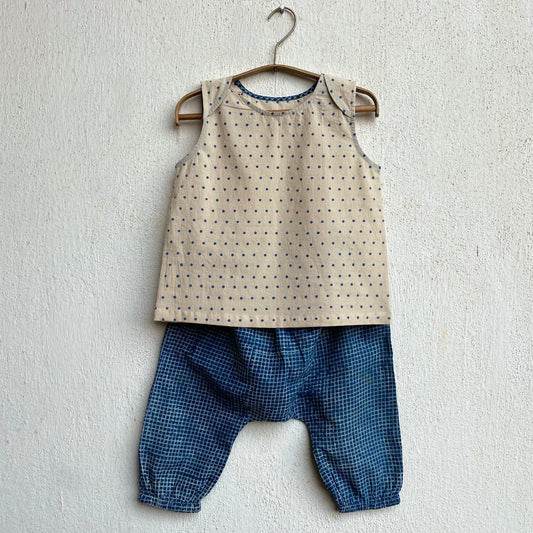 Organic Cotton Unisex Indigo Raidana Jhabla and Indigo Checks Pajama Pants Set