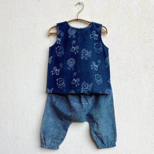 Organic Cotton Unisex Indigo Zoo Jhabla and Indigo Checks Pajama Pants Set