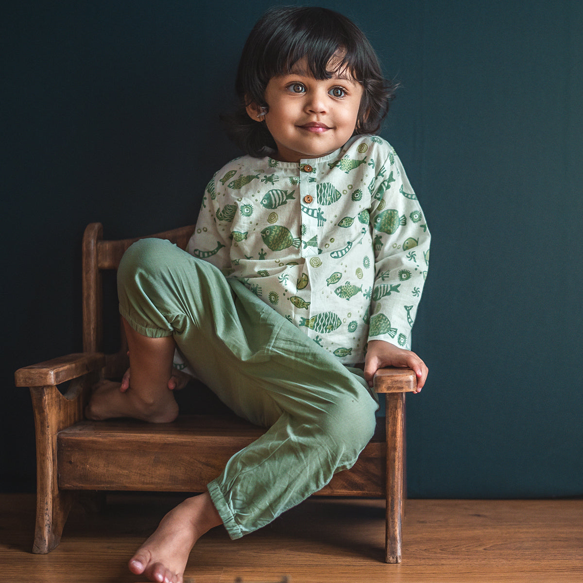 Organic Cotton Unisex Mint Koi Kurta and Pyjama Pants Set