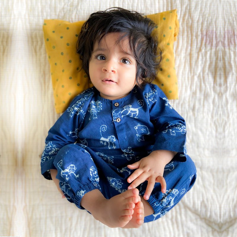 Indigo block printed kidswear by ajrakh artisans