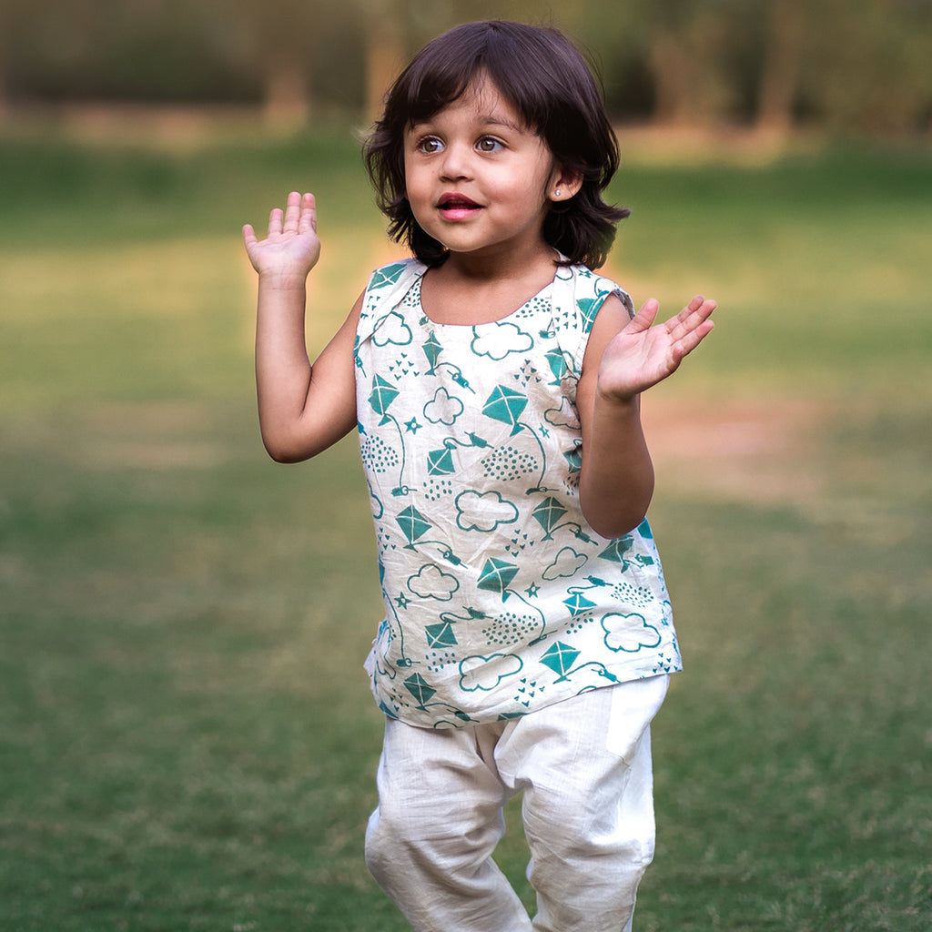 Handblock Printed Organic Cotton Patang Teal Jhabla and White Pajama Set - Eco-Friendly Kidswear for Makar Sankranti Festival