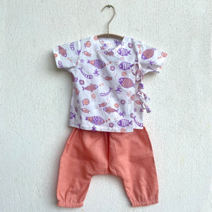 Organic Cotton Unisex Mint Koi Angarakha and Pyjama Pants Set