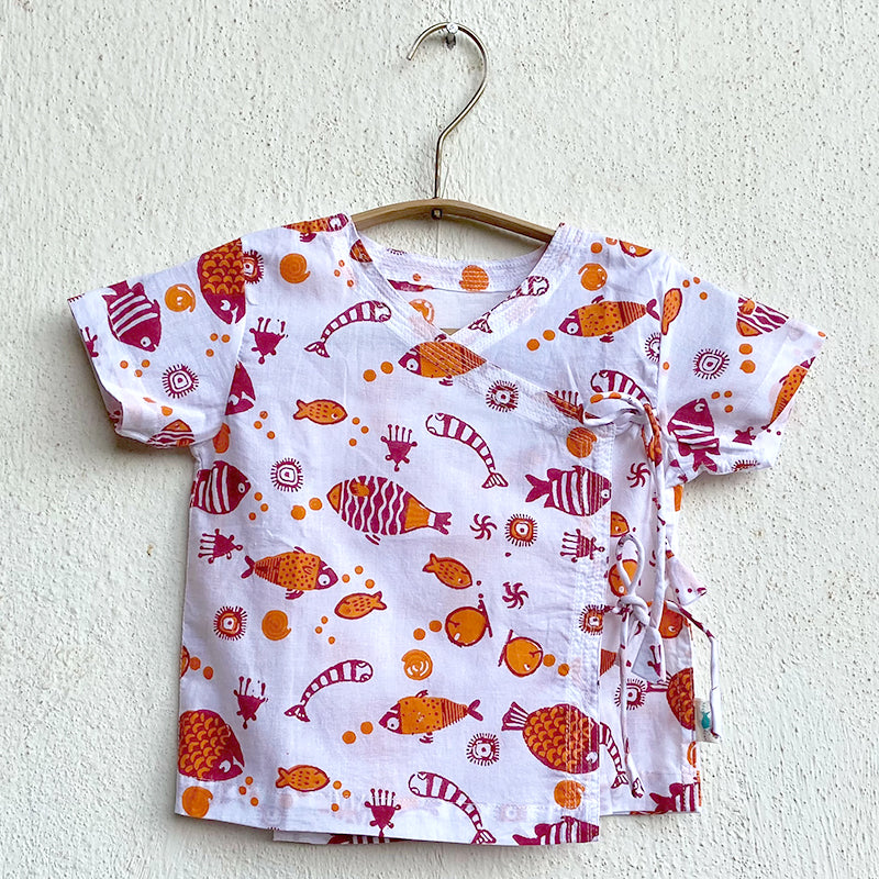 Organic Cotton Mint Koi Angarakha / Kimono Top