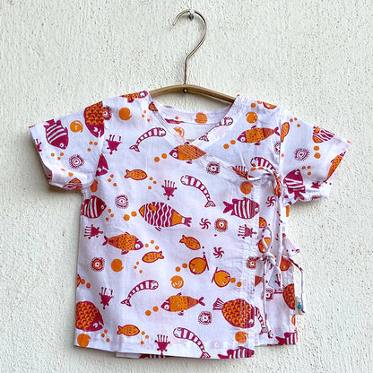 Organic Cotton Mint Koi Angarakha / Kimono Top