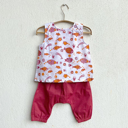 Organic Cotton Unisex Red Koi Jhabla and Pajama Pants Set