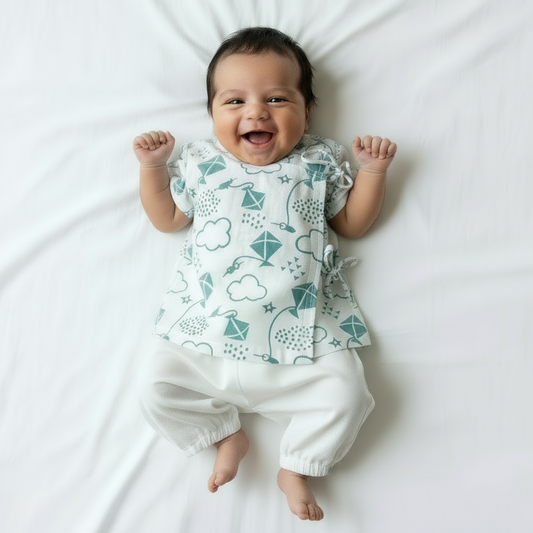 Organic Cotton Unisex Teal Koi Patang Angarakha and White Pyjama Pants Set