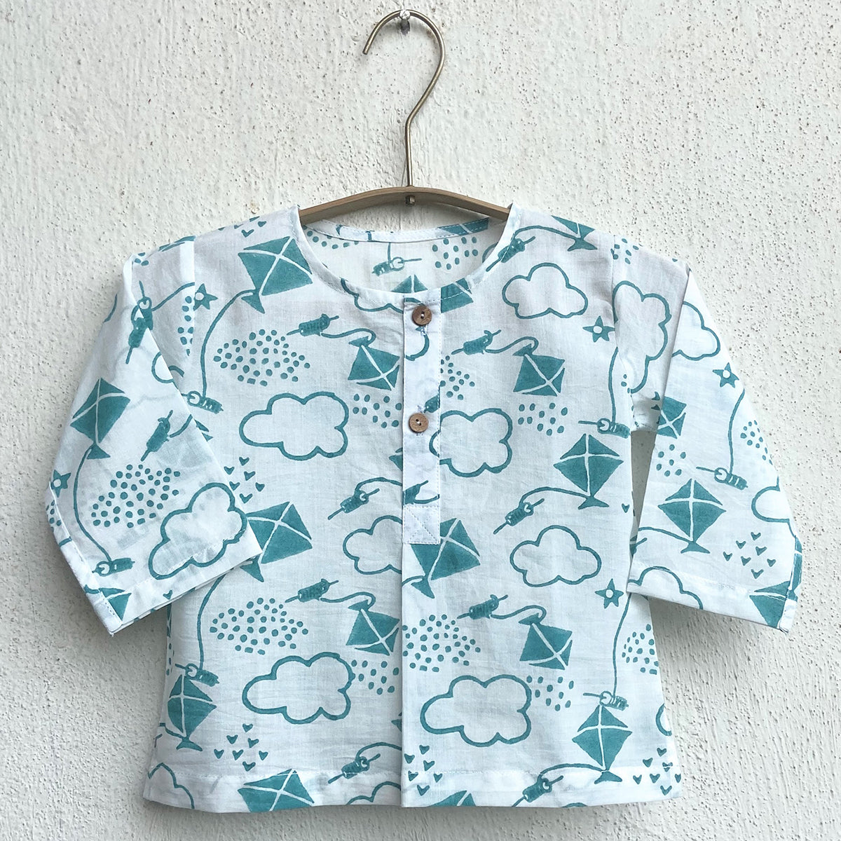 Organic Cotton Unisex Teal Patang Kurta and White Pyjama Pants Set