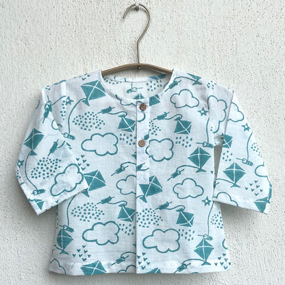 Organic Cotton Unisex Teal Patang Kurta and White Pyjama Pants Set