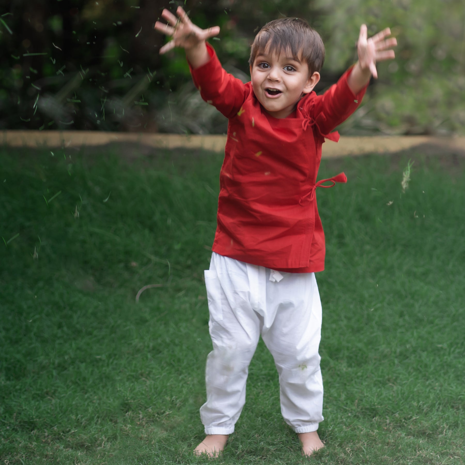 "Unisex organic cotton Angrakha and pajama set for babies, eczema-friendly and ideal for sensitive skin, perfect for first puja attire