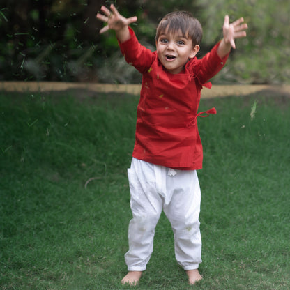"Unisex organic cotton Angrakha and pajama set for babies, eczema-friendly and ideal for sensitive skin, perfect for first puja attire