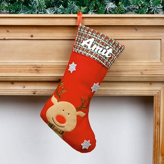 Plaid & Pine Stocking- Reindeer