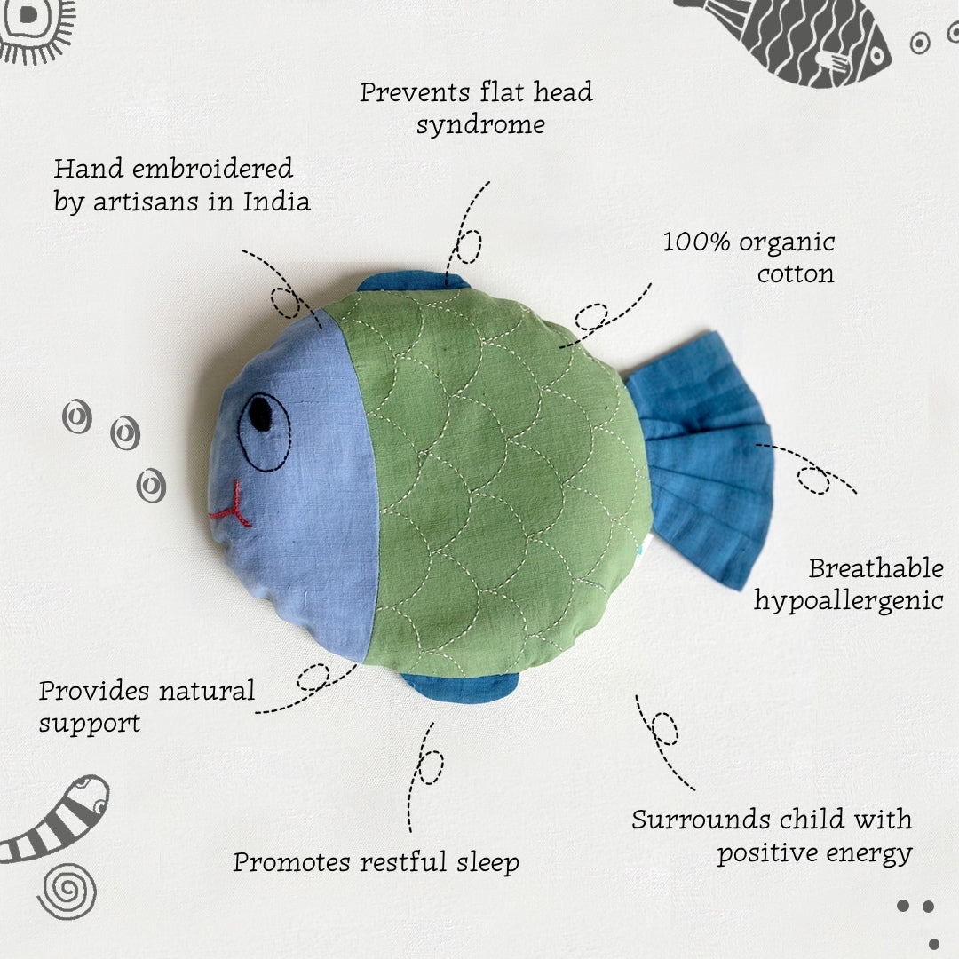 Hand-embroidered Organic Cotton Mustard Seeds Pillow - Koi Fish