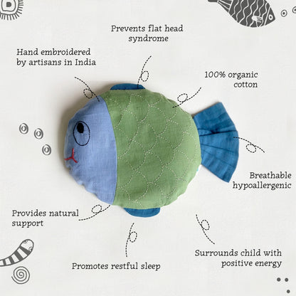 Hand-embroidered Organic Cotton Mustard Seeds Pillow - Koi Fish