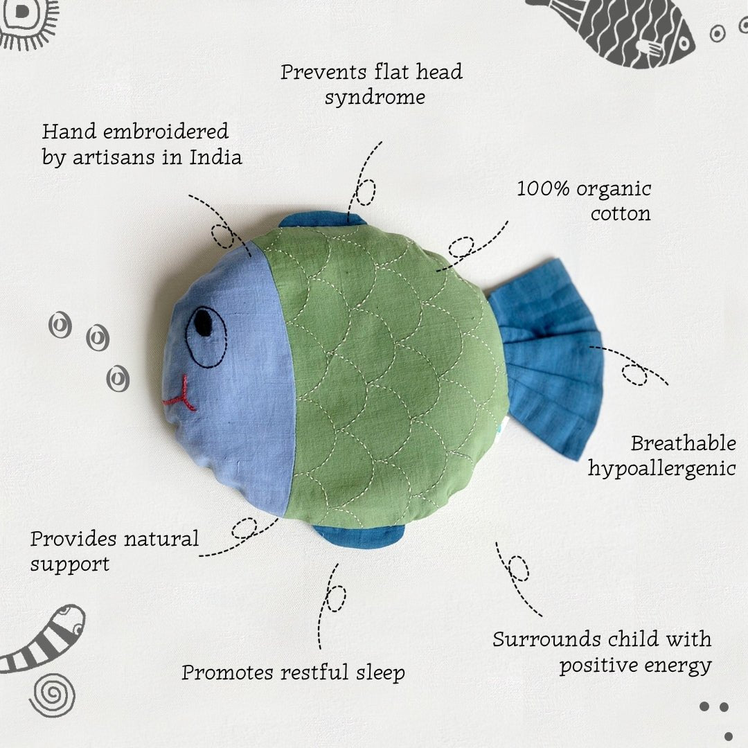 Hand-embroidered Organic Cotton Mustard Seeds Pillow + Maracas - Koi