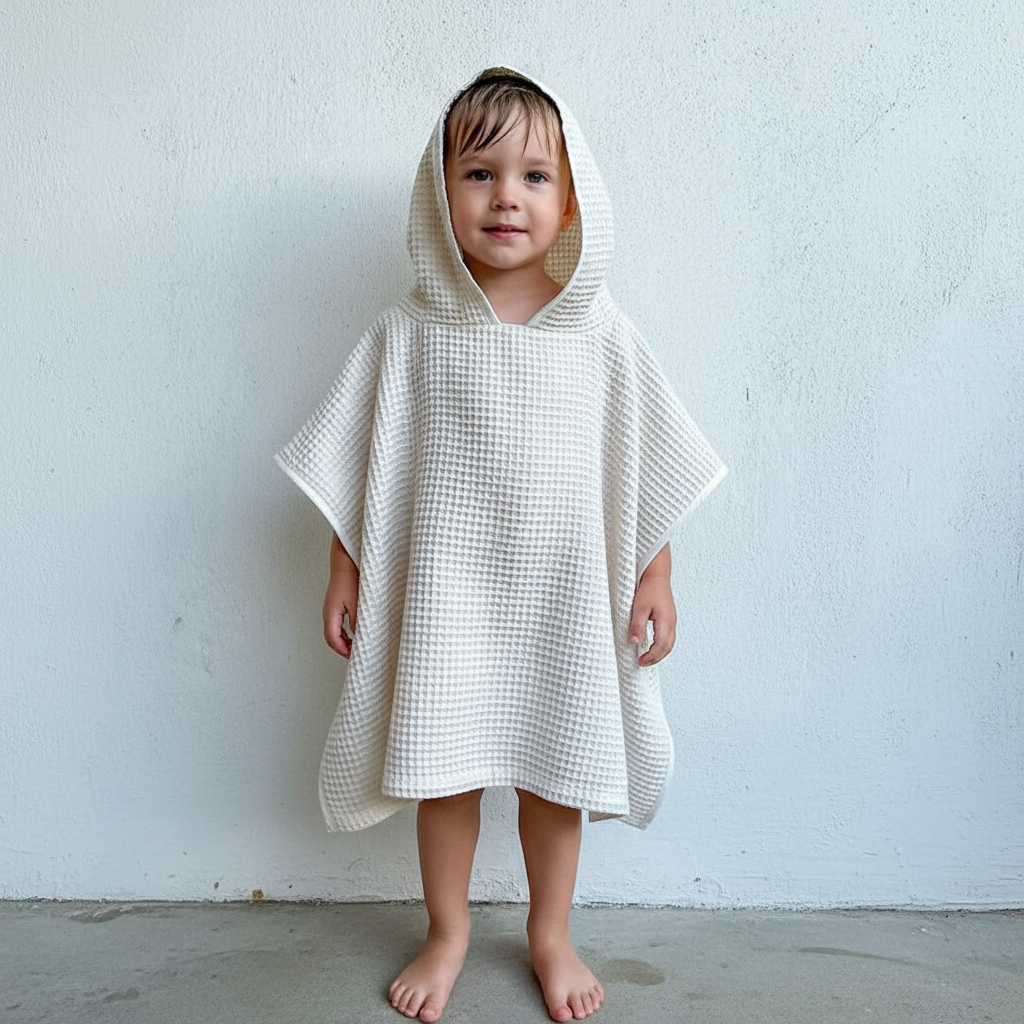 Child wearing a white hooded poncho against a light blue wall.