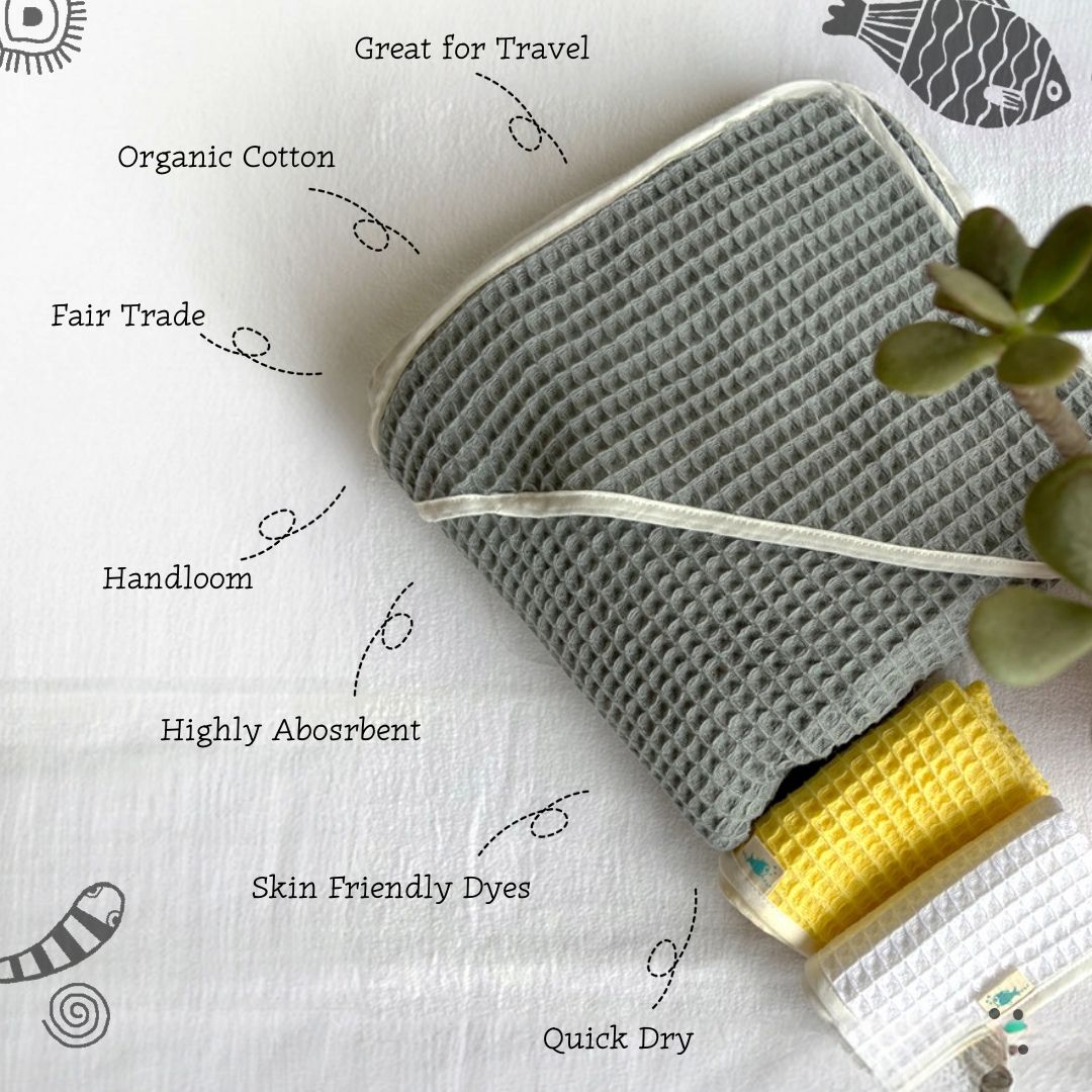 Essential Bag - Organic Handwoven Grey Waffle Hooded Towel Set
