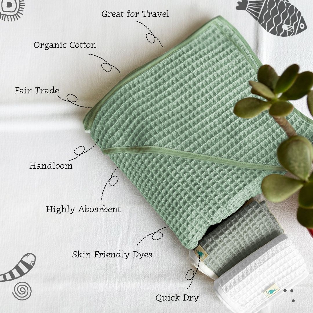 Organic Handwoven Mint Waffle Hooded Towel