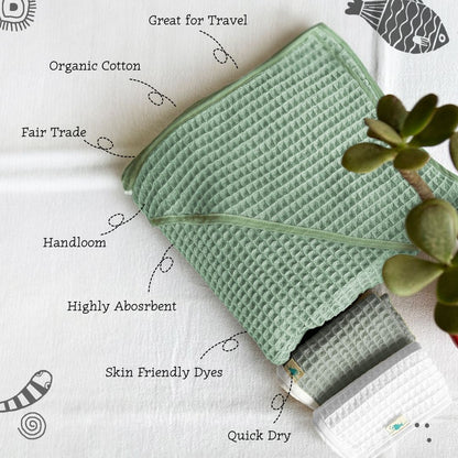 Organic Handwoven Mint Waffle Hooded Towel