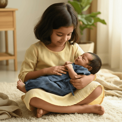 Young girl holding a baby in a warm indoor setting