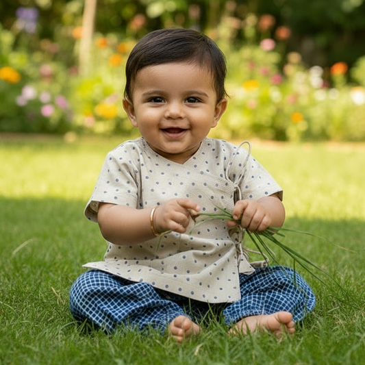 Child sitting on grass holding plants with a garden background