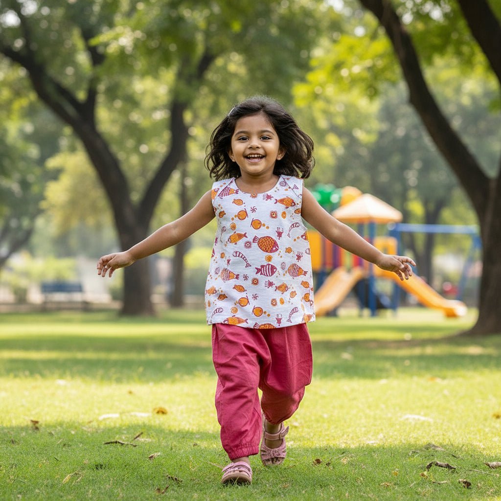 Organic Cotton Unisex Koi Jhabla Bag - Koi Red Jhabla + Peach Jhabla With Red Pants