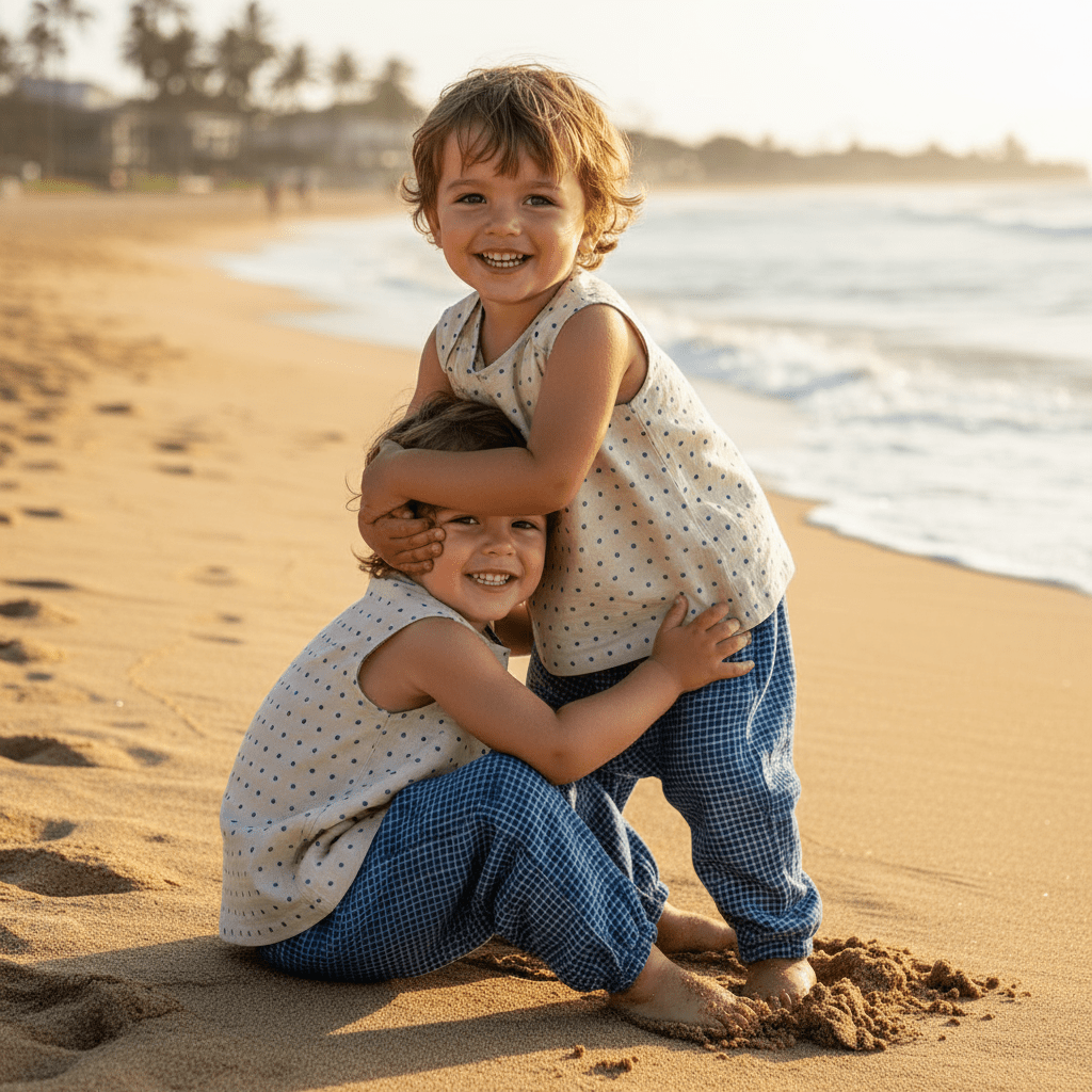 Two children playing on a sandy beach with ocean waves in the background.