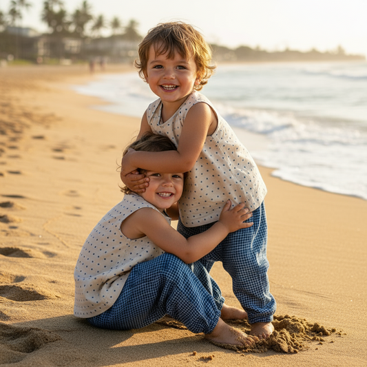 Two children playing on a sandy beach with ocean waves in the background.