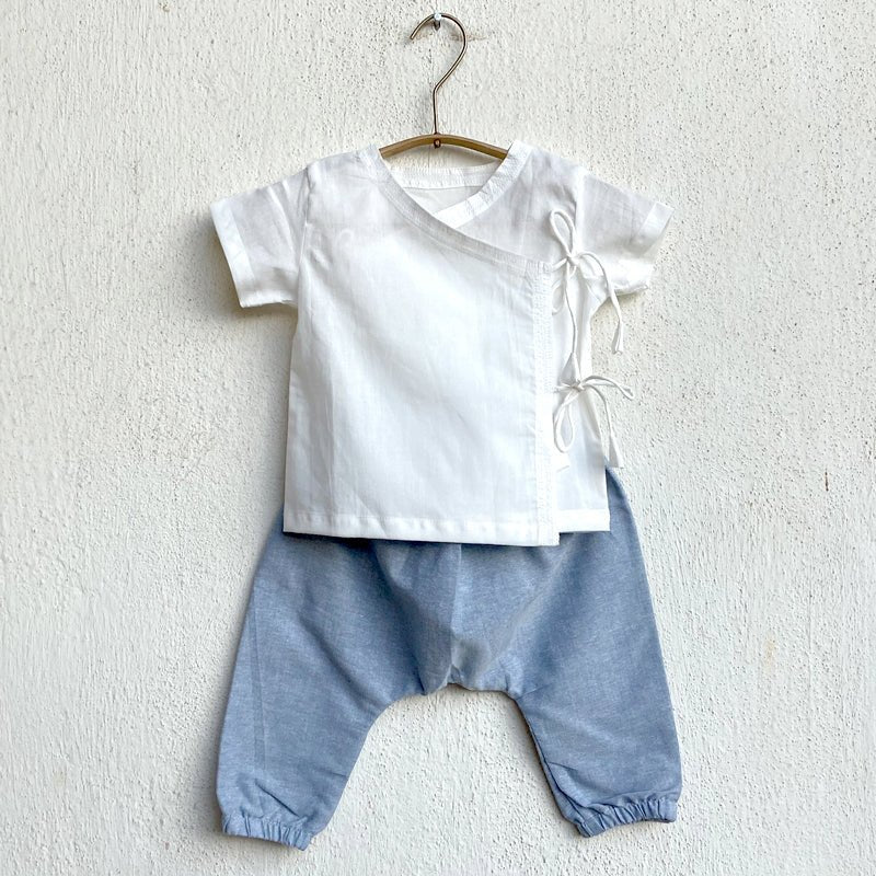Organic Cotton Unisex Essential White Angarakha and Chambray Pyjama Pants Set