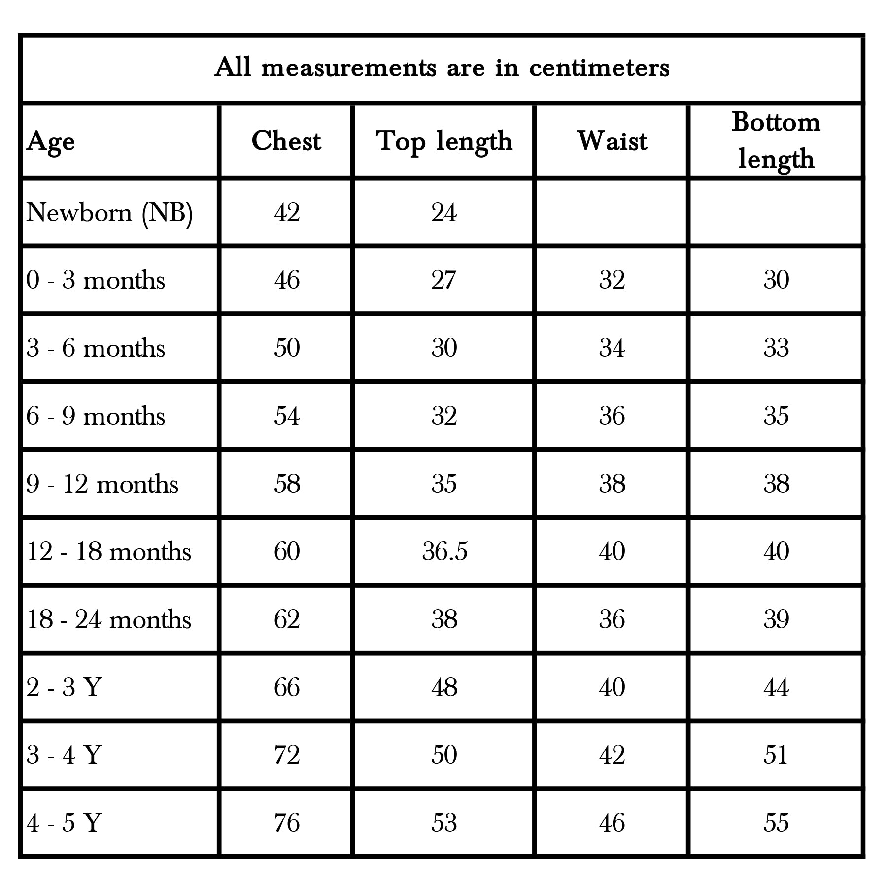 Whitewater Kids clothing size chart