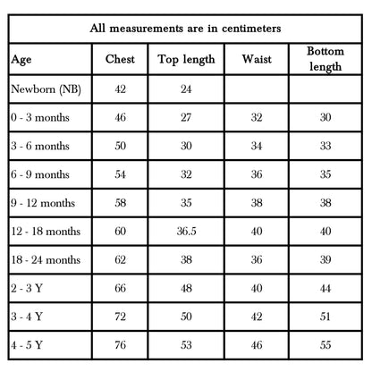 Whitewater Kids clothing size chart