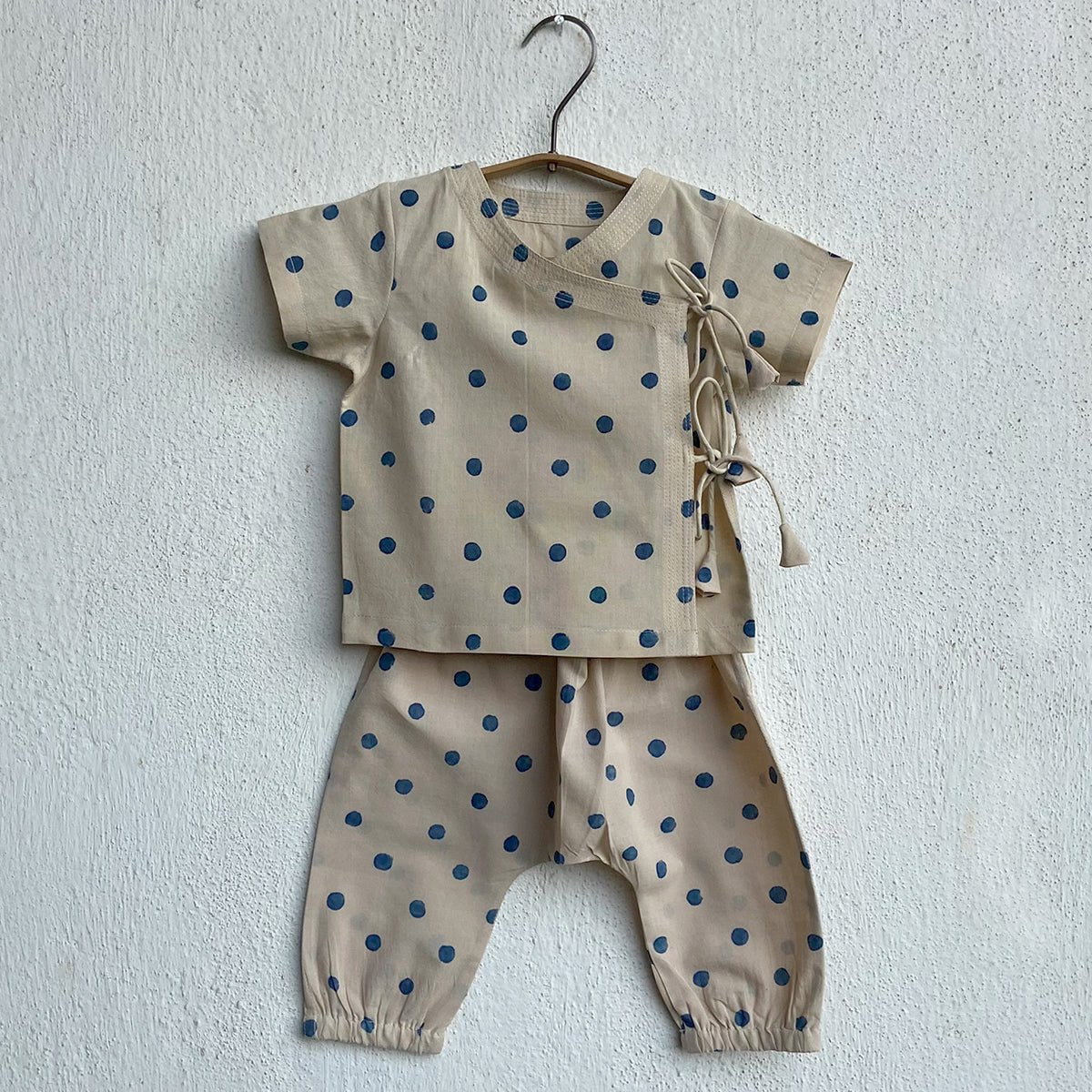 Organic Cotton Unisex Indigo Beige Polka Angarakha and Indigo Beige Polka Pajama Pants Set