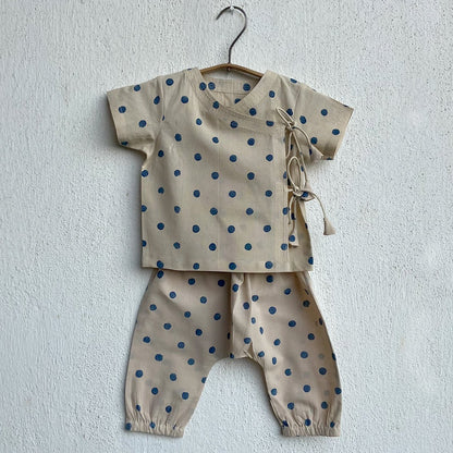 Organic Cotton Unisex Indigo Beige Polka Angarakha and Indigo Beige Polka Pajama Pants Set