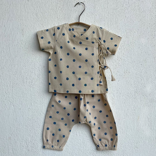 Organic Cotton Unisex Indigo Beige Polka Angarakha and Indigo Beige Polka Pajama Pants Set