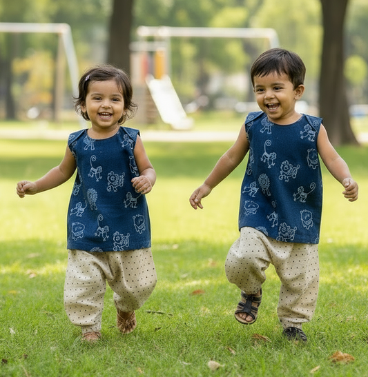 Two children in matching outfits running on grass with playground equipment in the background