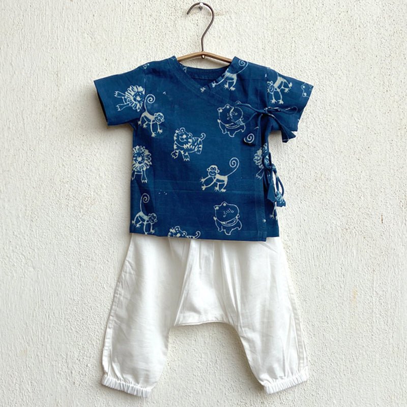 Organic Cotton Unisex Indigo Zoo Angarakha and White Pajama Pants Set